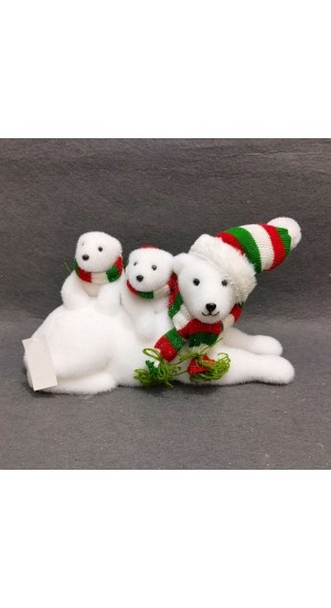  WHITE POLAR BEAR WITH BABIES WEARING MULTI COLOR HAT AND SCARF 32X21X20 CM