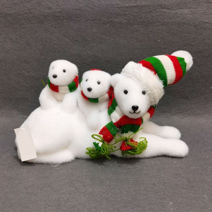  WHITE POLAR BEAR WITH BABIES WEARING MULTI COLOR HAT AND SCARF 32X21X20 CM 