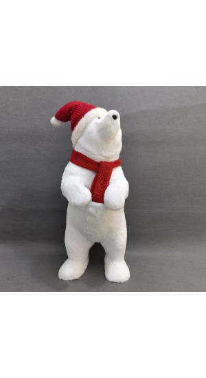  WHITE POLAR BEAR WITH RED HAT AND SCARF 43X36X82 CM