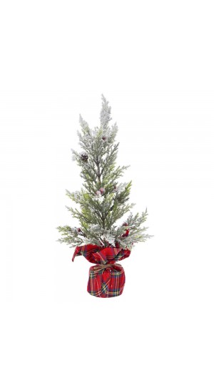  PLASTIC TREE IN RED PLAID FABRIC BASE D 13X42 CM WITH SNOW FINISH