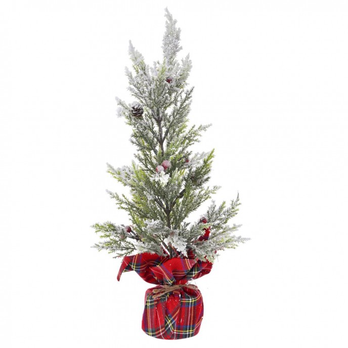  PLASTIC TREE IN RED PLAID FABRIC BASE D 13X42 CM WITH SNOW FINISH 