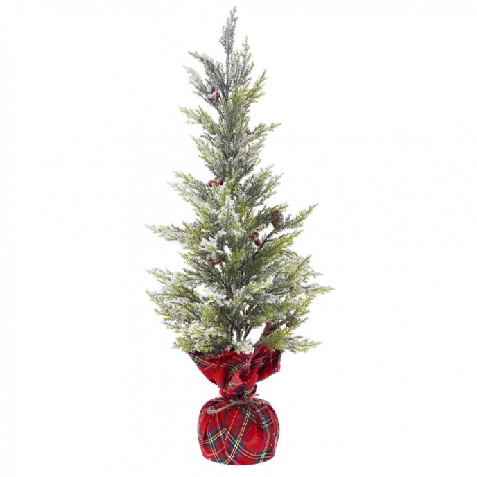  PLASTIC TREE IN RED PLAID FABRIC BASE D 22X60 CM WITH SNOW FINISH 