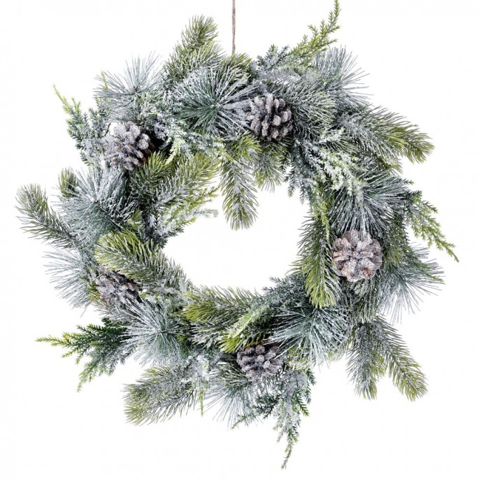  PLASTIC WREATH WITH PINECONES D 40 CM WITH SNOW FINISH 