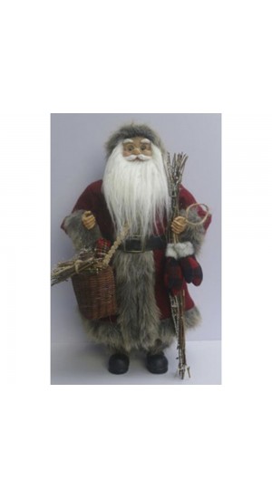  SANTA WITH DARK RED GREY CLOTHES CARRYING A BASKET WITH PIECES OF WOOD 20CM