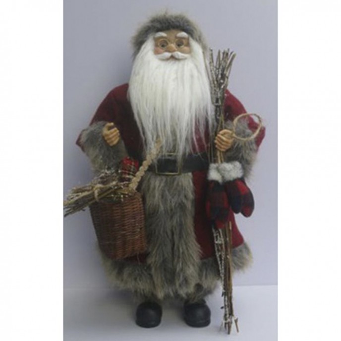  SANTA WITH DARK RED GREY CLOTHES CARRYING A BASKET WITH PIECES OF WOOD 20CM 