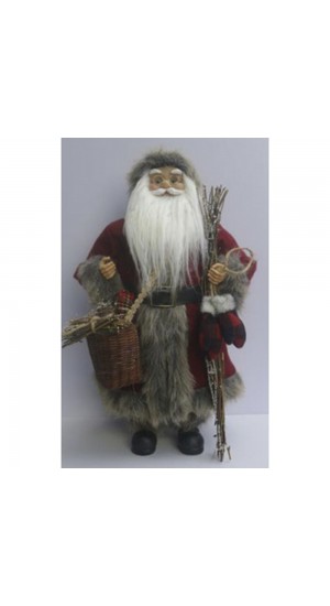  SANTA WITH DARK RED GREY CLOTHES CARRYING A BASKET WITH PIECES OF WOOD 45CM