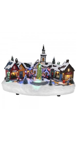  CHRISTMAS VILLAGE ANIMATED WITH LIGHTS MUSIC AND A ROTATING TREE 39X26X22CM