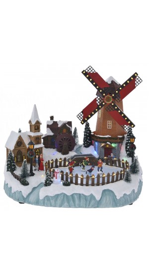  CHRISTMAS WINDMILL ANIMATED WITH LIGHTS MUSIC AND A ROTATING ICE SKATING RINK 38X28X33CM