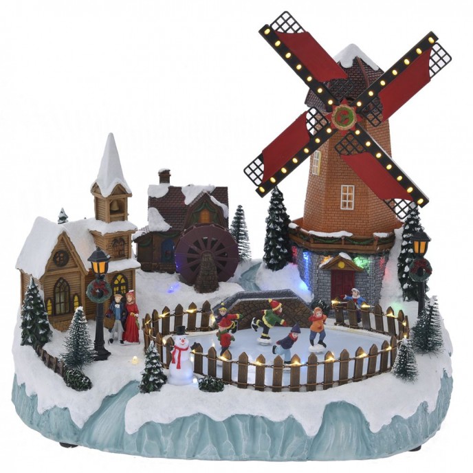  POLYREZIN WINDMILL IN A VILLAGE AND A ICE SKATING RING 38X28X33CM 
