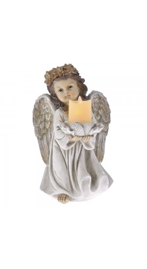  XMAS CREAM POLYRESIN ILLUMINATED ANGEL WITH A CANDLE 19X20.5X31CM INCLUDED BATTERY
