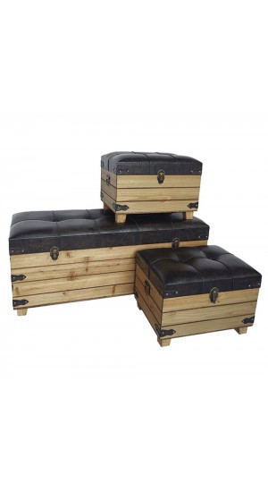  WOODEN TRUNK WITH BROWN ARTIFICIAL LEATHER SEAT 100X40X43 CM