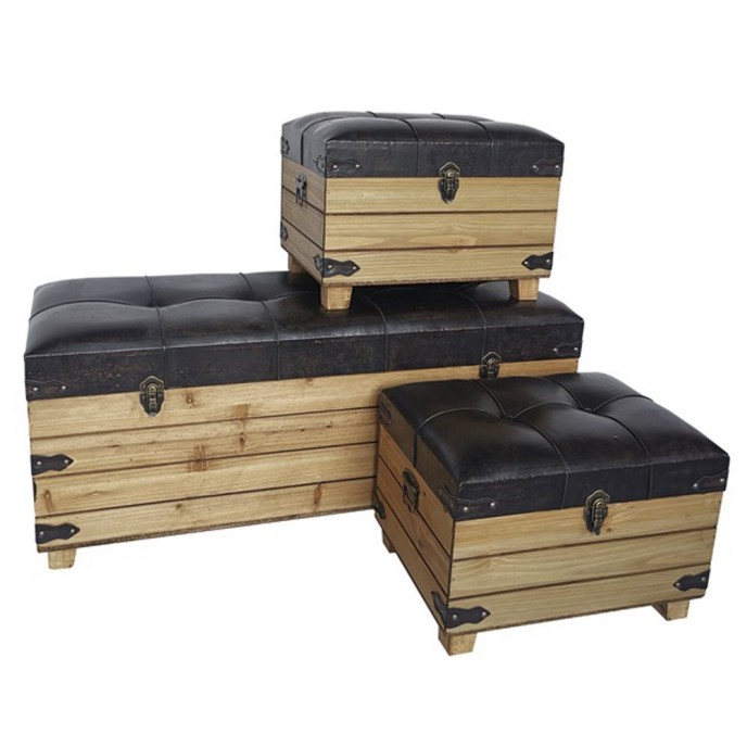  WOODEN TRUNK WITH BROWN ARTIFICIAL LEATHER SEAT 100X40X43 CM 