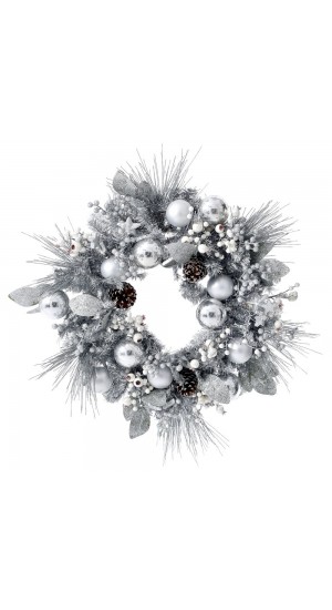  WREATH 65CM WITH SILVER BAUBLES DECORATION