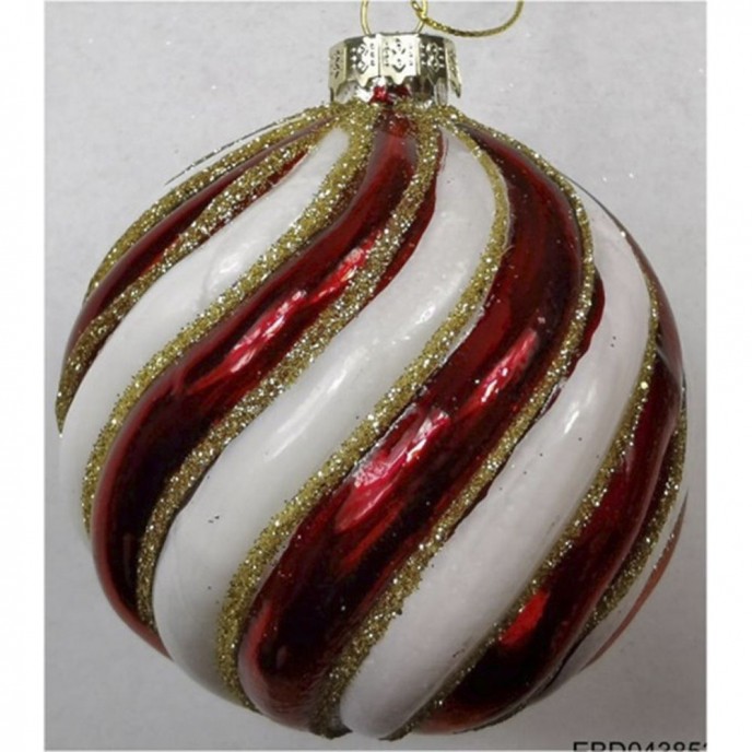  RED AND WHITE CANDY GLASS BALL ORNAMENT 8CM SET 6 