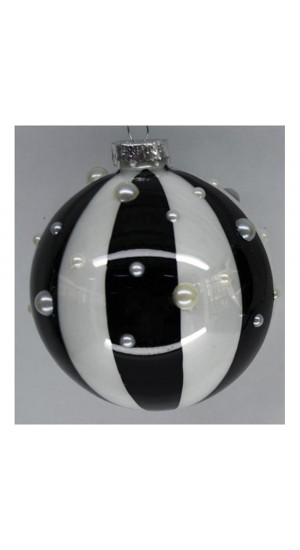  BLACK AND WHITE STRIPES GLASS BALL ORNAMENT 8CM SET 6 WITH PEARLS