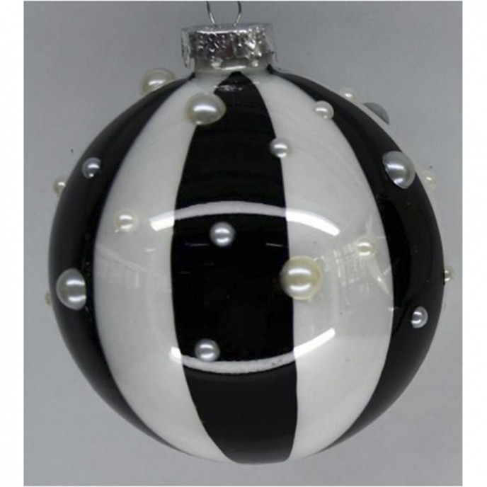  BLACK AND WHITE STRIPES GLASS BALL ORNAMENT 8CM SET 6 WITH PEARLS 