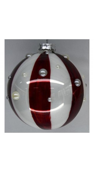  RED AND WHITE STRIPES GLASS BALL ORNAMENT 8CM SET 6 WITH PEARLS