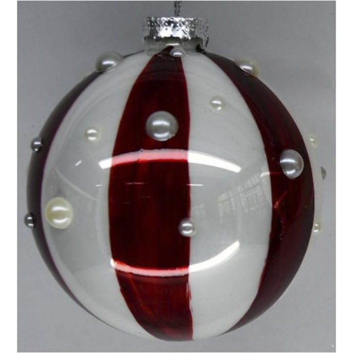  RED AND WHITE STRIPES GLASS BALL ORNAMENT 8CM SET 6 WITH PEARLS 