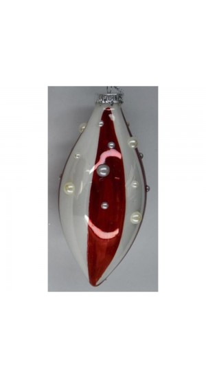  RED AND WHITE STRIPES GLASS ORNAMENT 7X16CM SET 3 WITH PEARLS