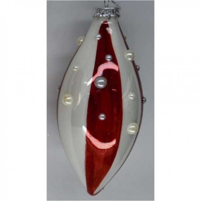  RED AND WHITE STRIPES GLASS ORNAMENT 7X16CM SET 4 WITH PEARLS 