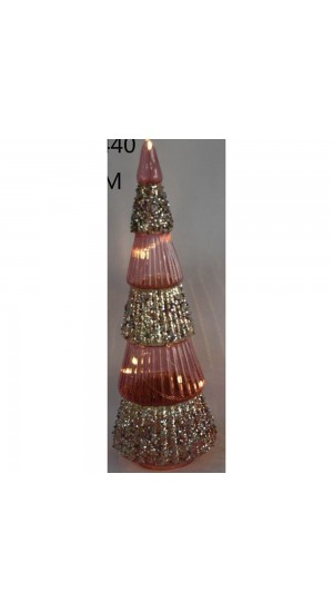  ROSE GOLD GLASS TREE 10X30CM WITH STRING LED LIGHTS