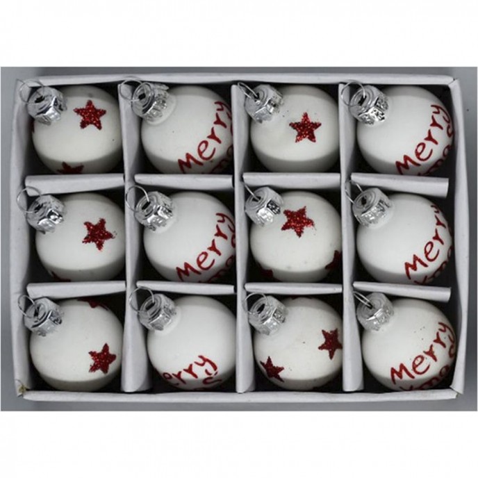  RED AND WHITE GLASS BALL ORNAMENTS 3CM SET 12 