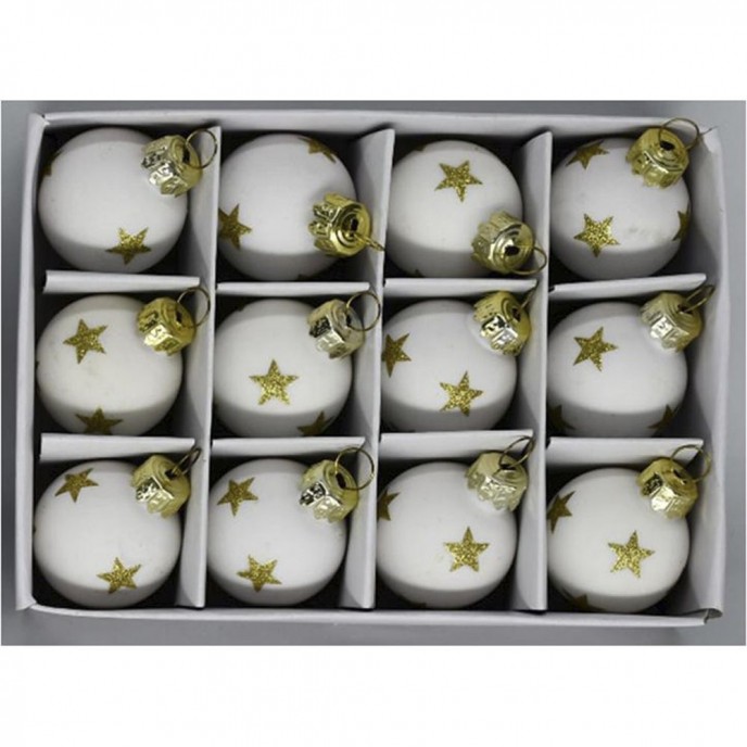  GOLD AND WHITE GLASS BALL ORNAMENTS 3CM SET 12 