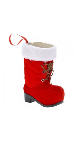 RED VELVET BOOT WITH WHITE FAUX FUR 12x6x15CM
