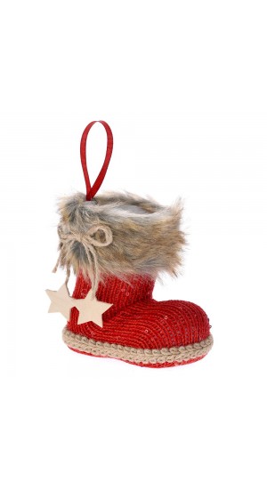  KNITTED RED WOOL BOOT WITH BROWN FAUX FUR 12x7x12CM