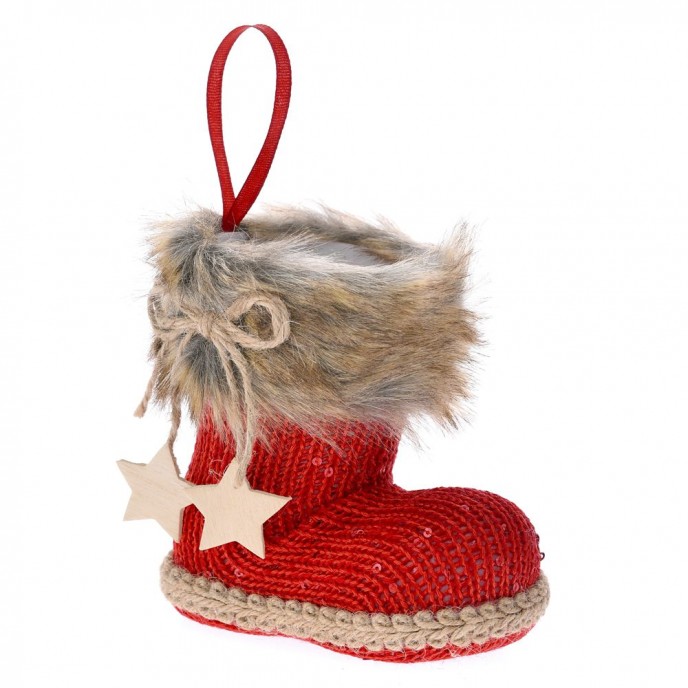  KNITTED RED WOOL BOOT WITH BROWN FAUX FUR 12x7x12CM 
