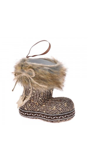  KNITTED BROWN WOOL BOOT WITH BROWN FAUX FUR 12x7x12CM