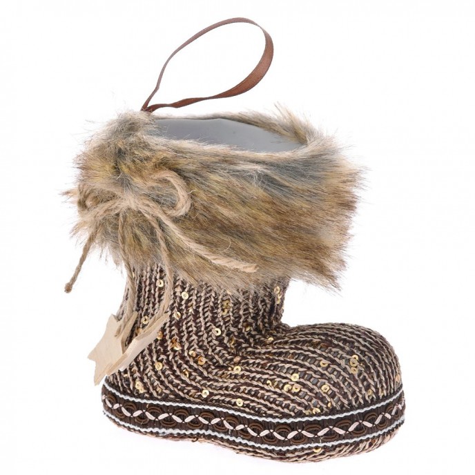  KNITTED BROWN WOOL BOOT WITH BROWN FAUX FUR 12x7x12CM 