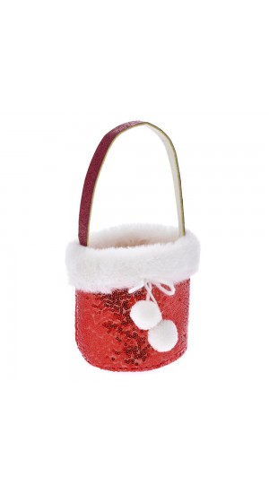  RED POLYESTER GIFT HAND BAG BUCKET 12X10.5X12CM