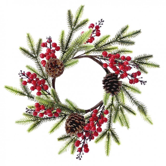  XMAS WREATH 40CM WITH RED BERRIES AND FIR BRANCHES 