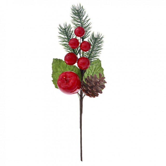  CHRISTMAS RED BERRIES STEM 30CM WITH PINECONE AND APPLE 