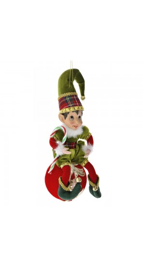  GREEN AND RED CHRISTMAS ELF ORNAMENT 30CM SIITING ON A BALL