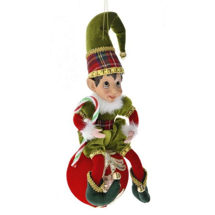  GREEN AND RED CHRISTMAS ELF ORNAMENT 30CM SIITING ON A BALL 