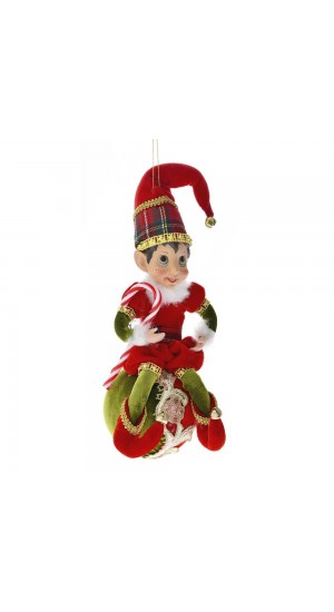  RED AND GREEN CHRISTMAS ELF ORNAMENT 30CM SIITING ON A BALL