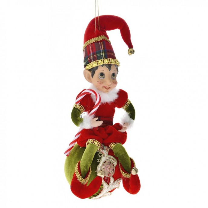  RED AND GREEN CHRISTMAS ELF ORNAMENT 30CM SIITING ON A BALL 