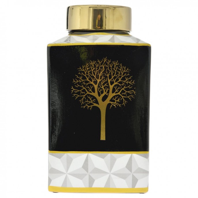  CERAMIC BROWN CANISTER W GOLD LID 14,5X14,5X26CM GOLD TREE DESIGN 