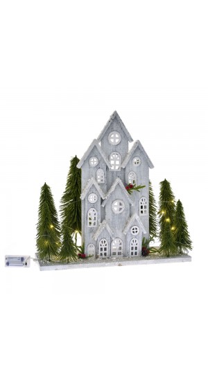 GREY WOODEN HOUSE 49X16X49CM WITH TREES AND 20LED LIGHTS