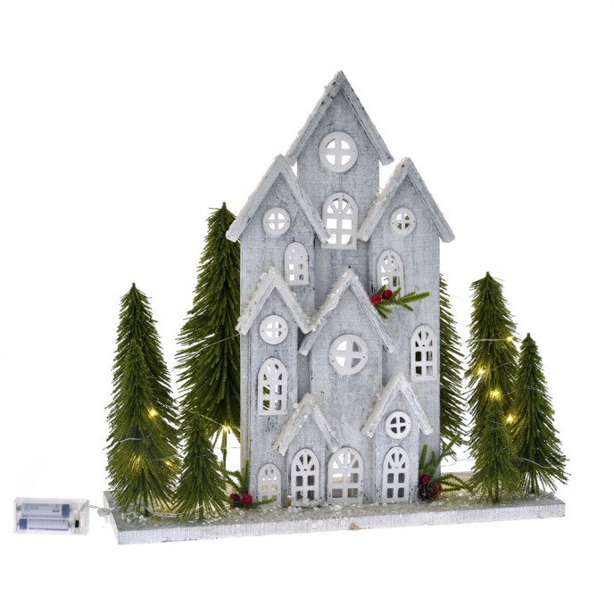  GREY WOODEN HOUSE 49X21X45CM WITH TREES AND 20LED LIGHTS 