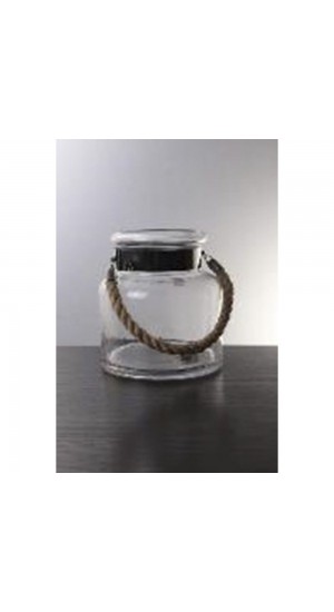  CLEAR GLASS CANDLE LANTERN WITH HEMP ROPE18X20CM