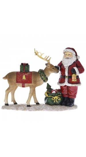  XMAS RED POLYRESIN SANTA CLAUS WITH A DEER 19X8X15CM