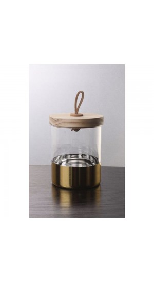  GLASS JAR WITH WOOD LID AND GOLD STRIPE 10X13CM
