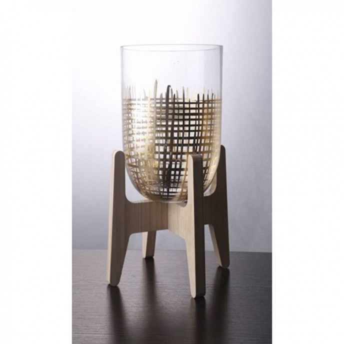  GLASS VASE WITH WOODEN BASE 20X20X38CM 