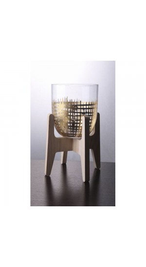  GLASS VASE WITH WOODEN BASE 20X20X32CM