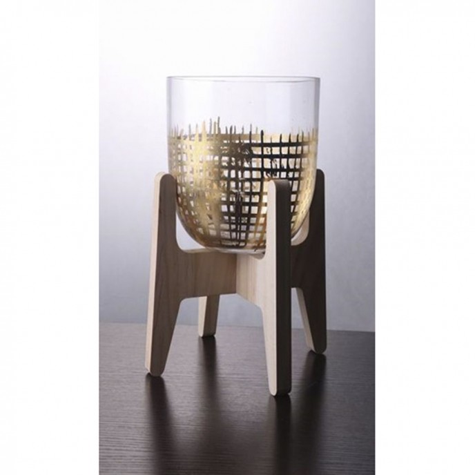  GLASS VASE WITH WOODEN BASE 20X20X32CM 