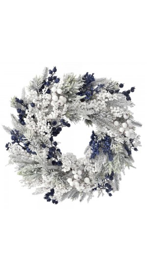  CHRISTMAS FLOCKED WREATH WITH BLUE BERRIES 45CM
