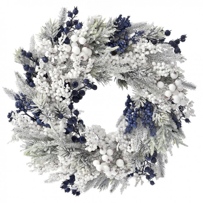  CHRISTMAS FLOCKED WREATH WITH BLUE BERRIES 45CM 